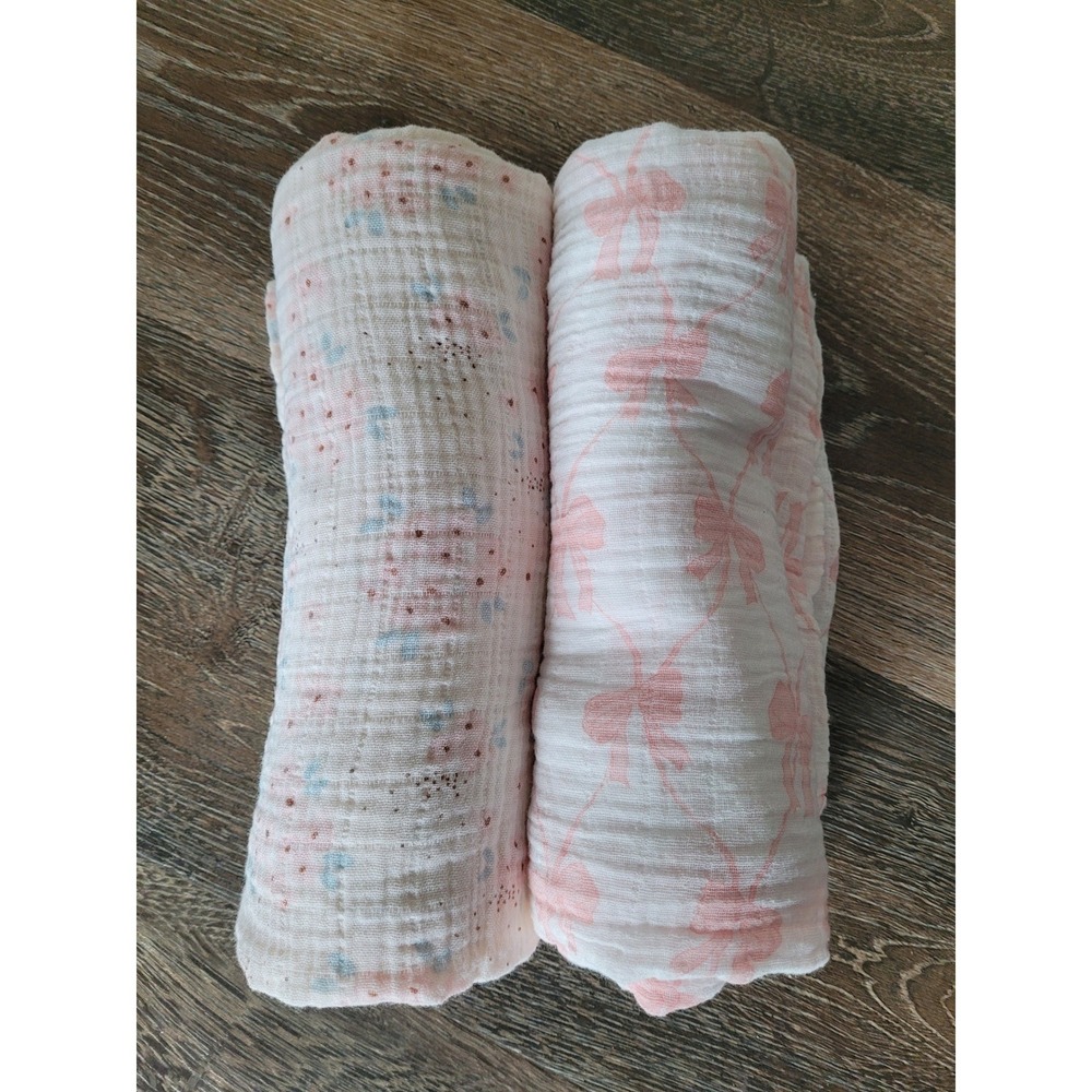 Mud Pie Hobby Lobby Muslin Swaddle Blankets Set of 2 Pink Bow Floral #7